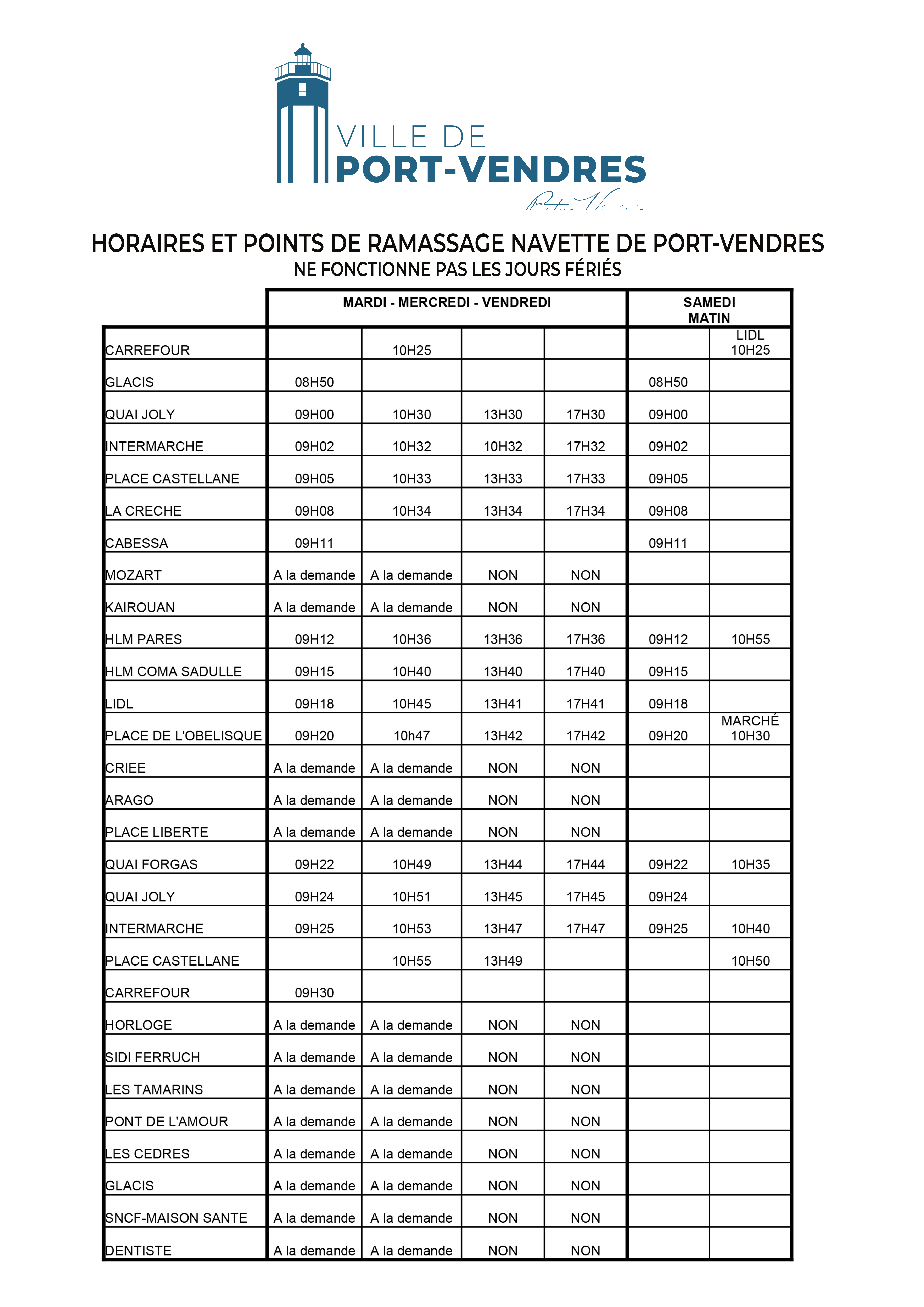 Horaires de la Navette